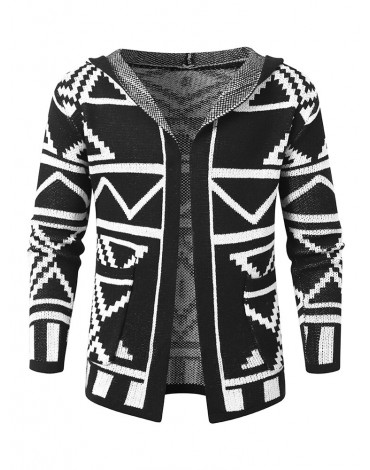 Men Knitted Hooded Sweater Mid-length Jacquard Cardigans