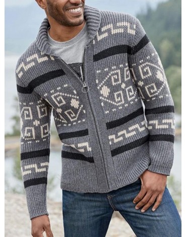 Mens Ethnic Print Zipper Knitted Casual Slim Fit Long Sleeve Cardigan Sweater