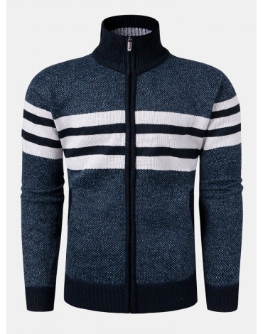 Mens Knitted Stripe Zip Front Stand Collar Casual Warm Cardigans