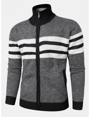 Mens Knitted Stripe Zip Front Stand Collar Casual Warm Cardigans