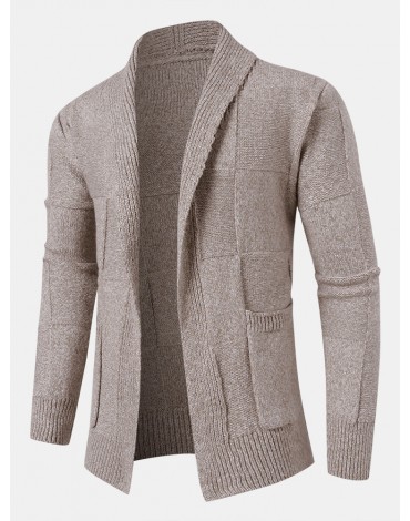 Mens Open Front Solid Color Knitted Long Sleeve Sweater Cardigans With Pocket