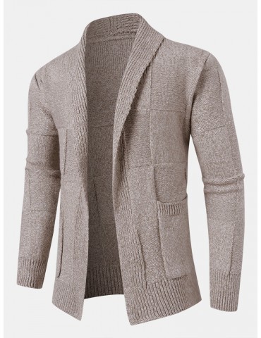 Mens Open Front Solid Color Knitted Long Sleeve Sweater Cardigans With Pocket