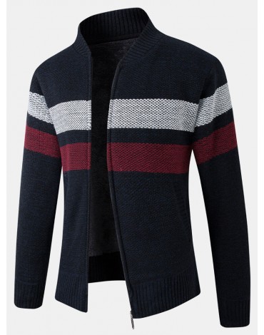 Mens Patchwork Zip Front Rib-Knit Plush Lined Cotton Cardigans With Pocket