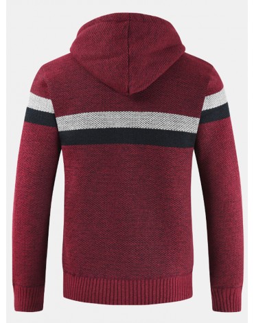 Mens Patchwork Zip Front Rib-Knit Plush Lined Hooded Cardigans With Pocket