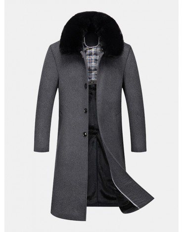 Mens Woolen Removable Collar Thicken Business Mid-Length Warm Overcoat