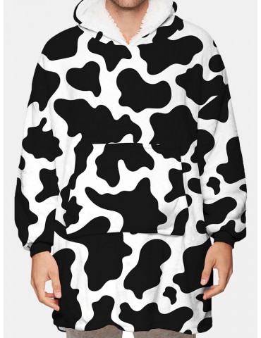 Mens Cow Pattern Print Flannel Two-Sided Oversized Blanket Hoodie With Pouch Pocket