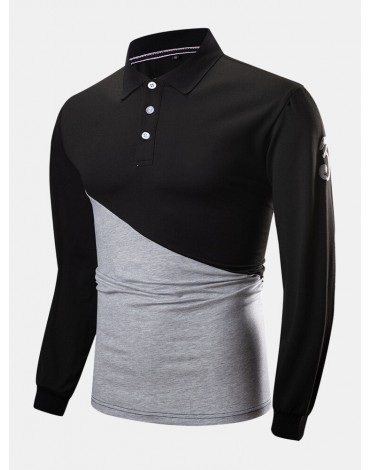 Mens Two Tone Stitching 100% Cotton Long Sleeve Casual Golf Shirts